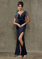 Dark Navy Velvet Sequin Tassels Mermaid Formal Gown Gianna