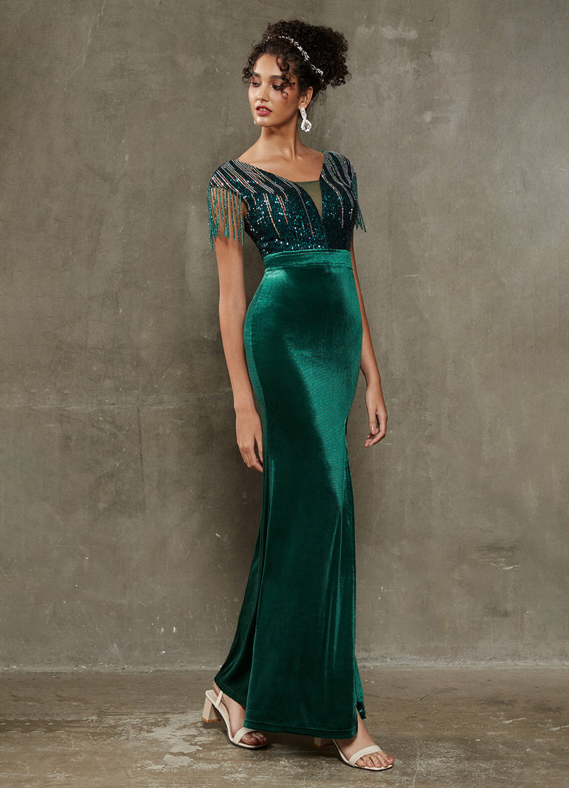 Emerald Green Sequin Tassels Sleeve Sheer V-Neck Slit Mermaid Formal Gown Gianna