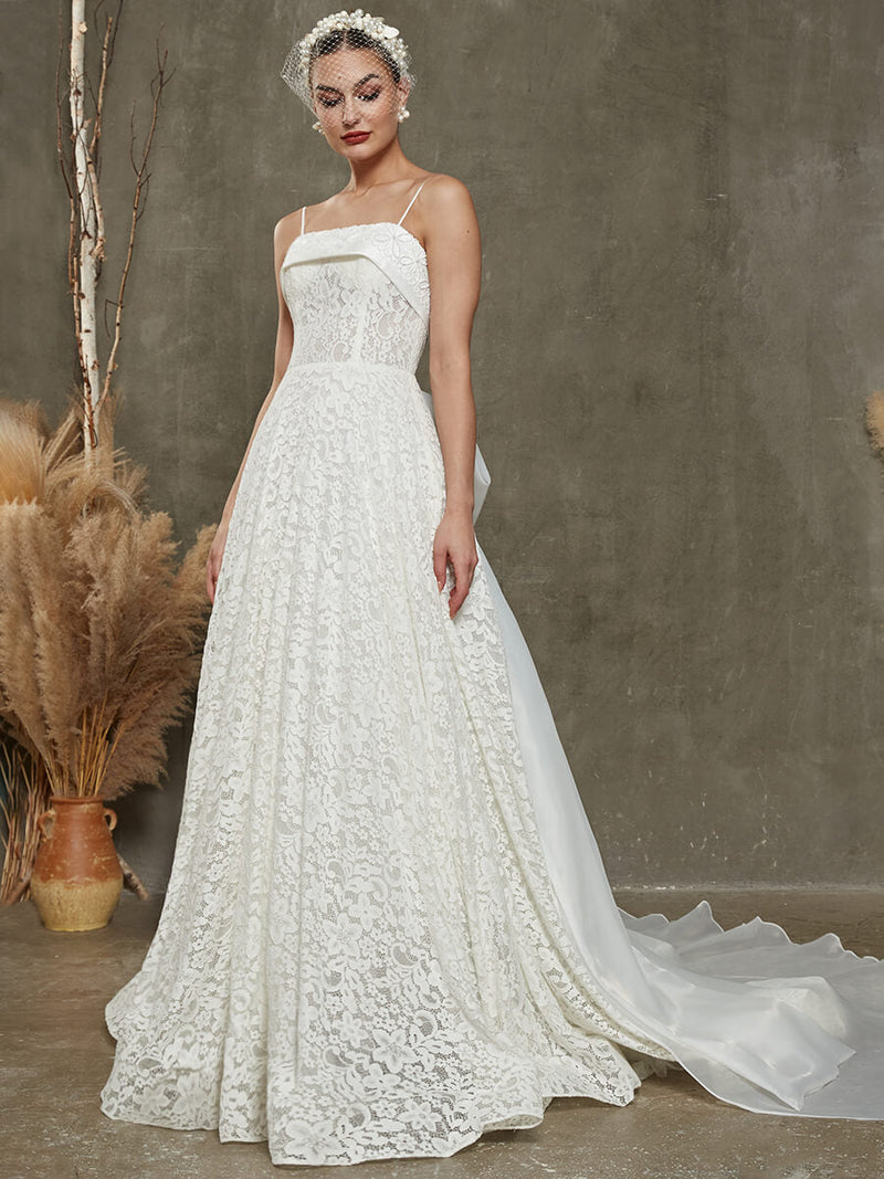 Lace Spaghetti Straps Wedding Dress with Convertible Cathedral Train Emily