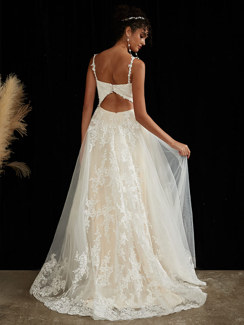 Diamond White + Champagne A-Line Lace V-Neck Wedding Gown with Chapel Train Devi