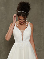 Diamond White + Champagne A-Line Lace V-Neck Wedding Gown with Chapel Train-Devi
