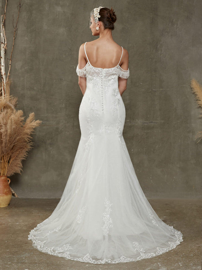 Mermaid V-Neck Tulle Lace Wedding Gown with Chapel Train-Ivy