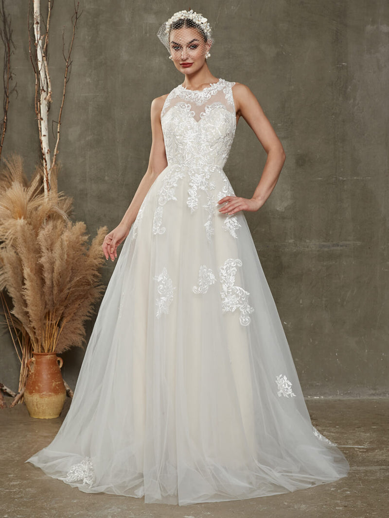  Diamond White Champagne Illusion Sweetheart Sleeveless Lace Wedding Dress with Chapel Train-Melrose