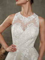  Diamond White Champagne Illusion Sweetheart Sleeveless Lace Wedding Dress with  Train Melrose