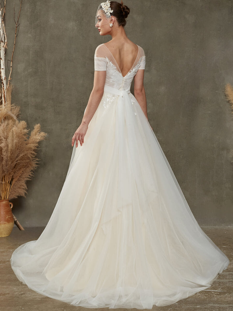 Lace A-line Tulle  Floor Length Sweetheart Wedding Dress With Short Sleeve Sindy