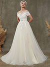  Sindy A-line Tulle Lace Floor Length Sweetheart Wedding Dress With Short Sleeve