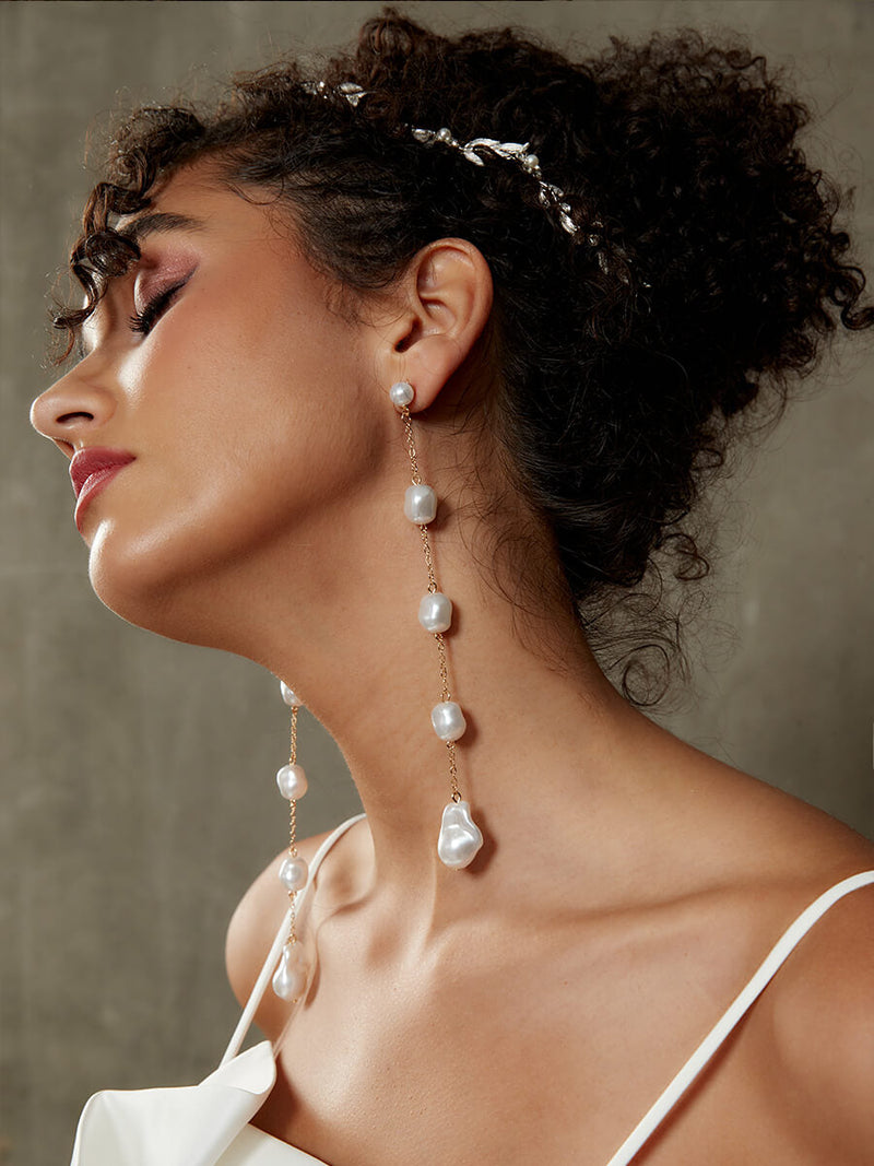 Irregular Alloy Chic Wedding Baroque Pearl Drop Earrings-Pin