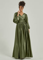 Satin 3/4 Long Slit Sleeve V Neck Empire Slit Pleated Floor Length Bridesmaid Dress Josie for Women