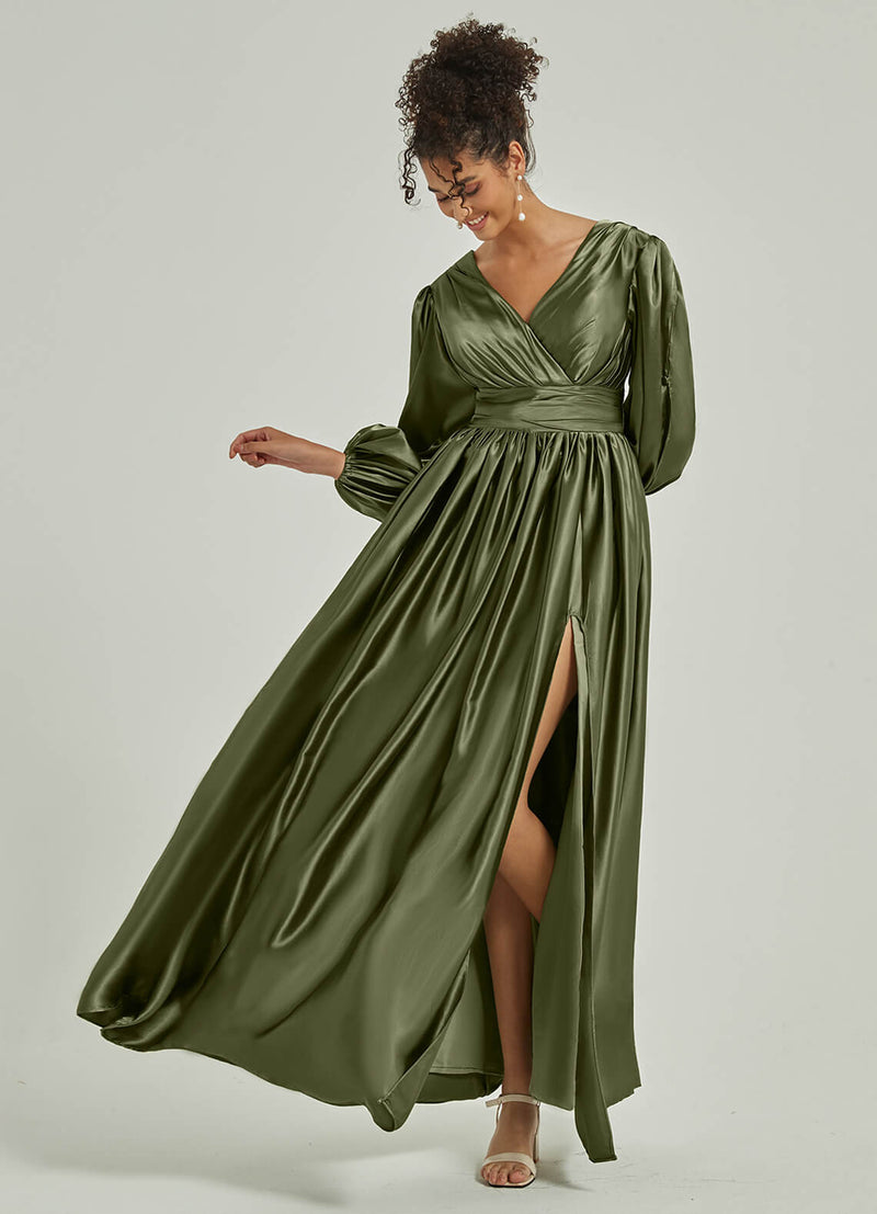 Satin 3/4 Long Slit Sleeve V Neck Empire Slit Pleated Floor Length Bridesmaid Dress Josie For Women