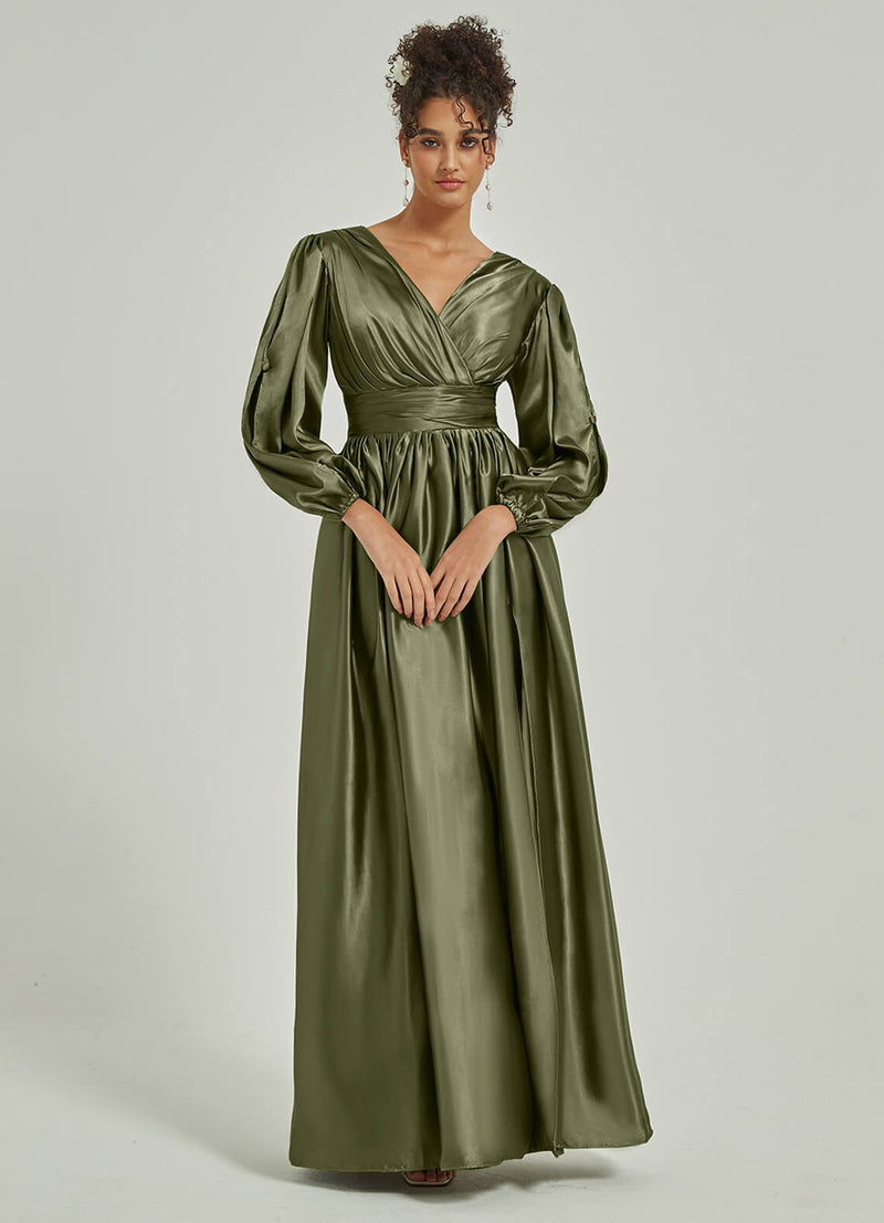 Satin 3/4 Long Slit Sleeve V Neck Empire Slit Pleated Floor Length Bridesmaid Dress Josie For Women From NZ Bridal