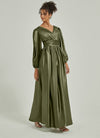 Satin 3/4 Long Slit Sleeve V Neck Empire Slit Pleated Floor Length Bridesmaid Dress Josie from NZ Bridal