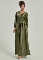 Satin 3/4 Long Slit Sleeve V Neck Empire Slit Pleated Floor Length Bridesmaid Dress Josie From NZ Bridal