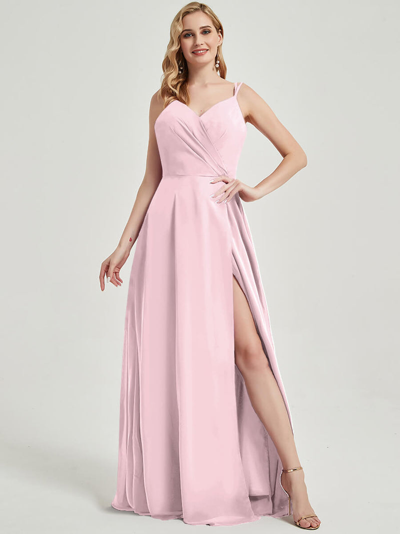 Blush Double Spaghetti Straps Slit Lace Chiffon Bridesmaid Dress-Thana