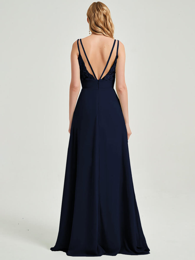 Dark Navy Spaghetti Straps Slit Maxi Lace Chiffon Bridesmaid Dress