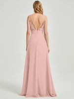  Double Spaghetti Straps Slit Lace Chiffon Dusty Pink Bridesmaid Dress - Thana