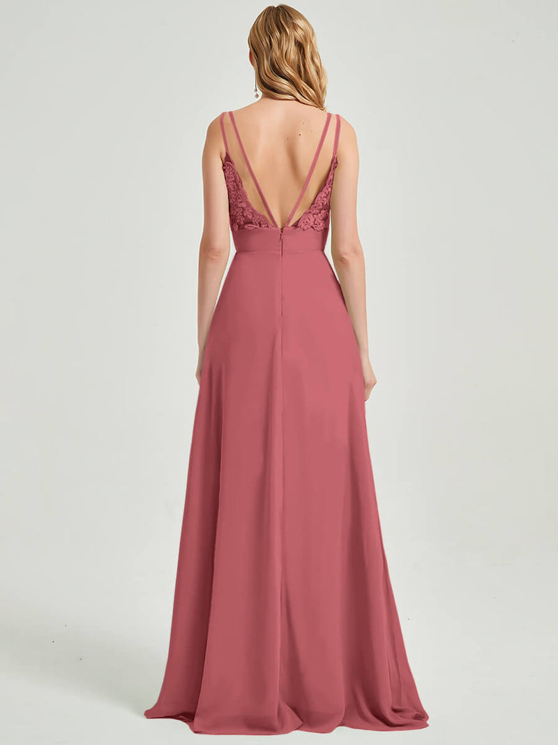 Double Spaghetti Straps Slit Lace Chiffon Floor Length Bridesmaid Dress - Thana