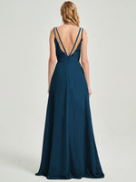 Ink Blue Spaghetti Straps V-Neck Slit Lace Chiffon Bridesmaid Dress