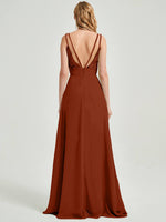 Rusty Red Double Spaghetti Straps Slit Lace Chiffon Bridesmaid Dress - Thana