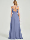 Slate Blue Spaghetti Strap V-Neck Slit Lace Chiffon Bridesmaid Dress