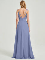 Slate Blue Spaghetti Strap V-Neck Slit Lace Chiffon Bridesmaid Dress