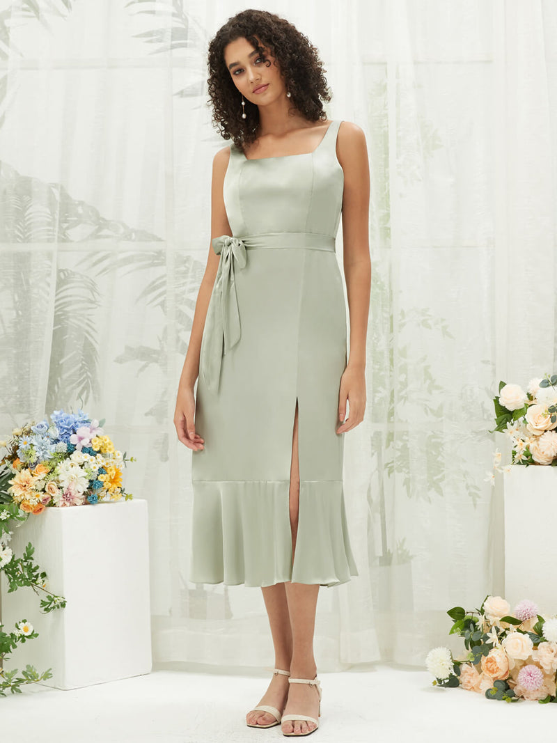 Sage Green Silk Satin Spaghetti Straps Midi Length A Line Square Neckline Elegant Bridesmaid Dress  for Women from NZ Bridal Eugenia