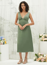 Olive Satin V Neck Straps A-Line Midi Length Empire Maternity Friendly Elegant Bridesmaid Dress  from NZ  Bridal