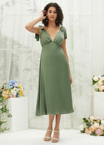 Satin V Neck Straps A-Line Midi Length Empire Maternity Friendly Elegant Bridesmaid Dress Gloria from NZ  Bridal