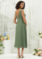 Olive Satin V Neck Straps A-Line Midi Length Empire Maternity Friendly Elegant Bridesmaid Dress Gloria from NZ  Bridal