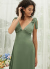 Olive Satin V Neck Straps A-Line Midi Length Empire Maternity Friendly Elegant Bridesmaid Dress Gloria from NZ