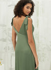 Olive Satin V Neck Straps A-Line Midi Length Empire Maternity Friendly Elegant Bridesmaid Dress Gloria from NZ Bridal