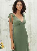 Olive Satin V Neck Straps A-Line Midi Length Empire Maternity Friendly Elegant Bridesmaid Dress Gloria 