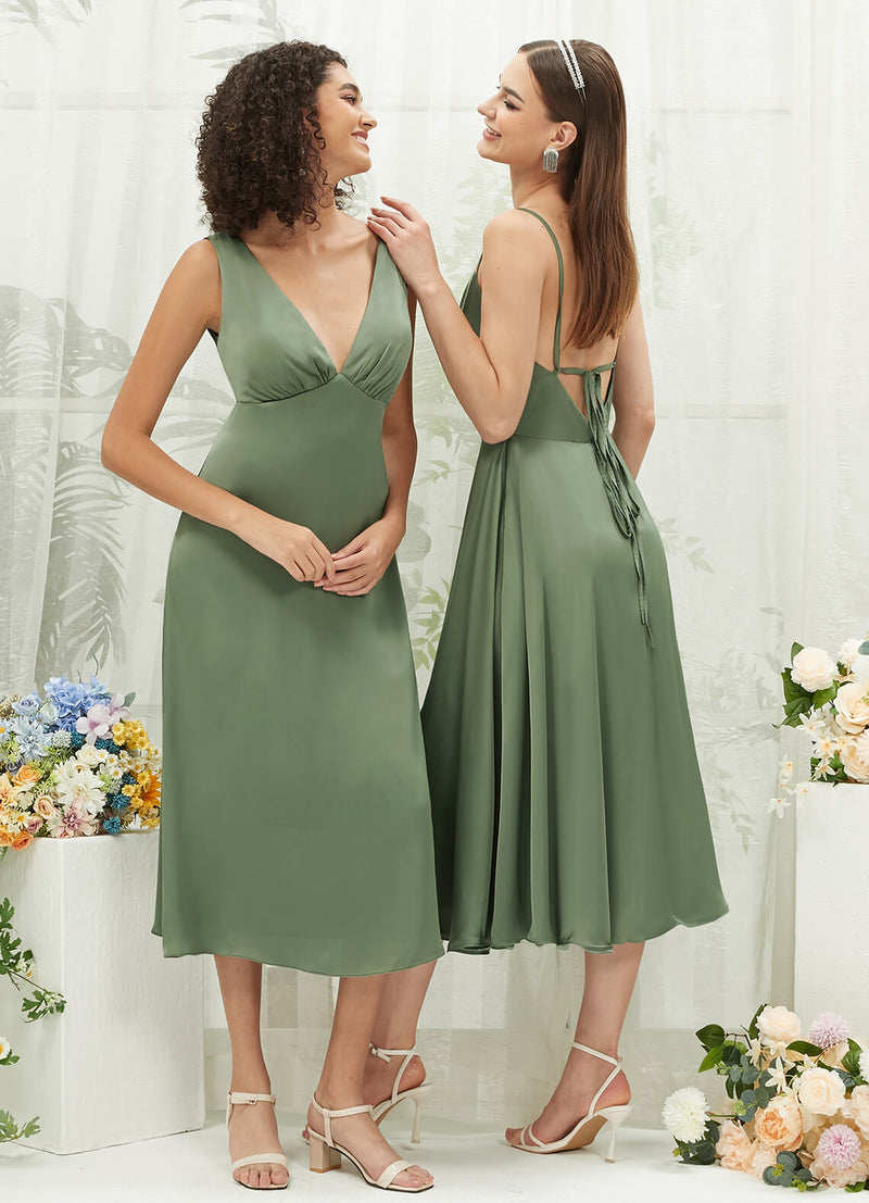 Olive Satin V Neck Bridesmaid Dress Gloria  Ceci