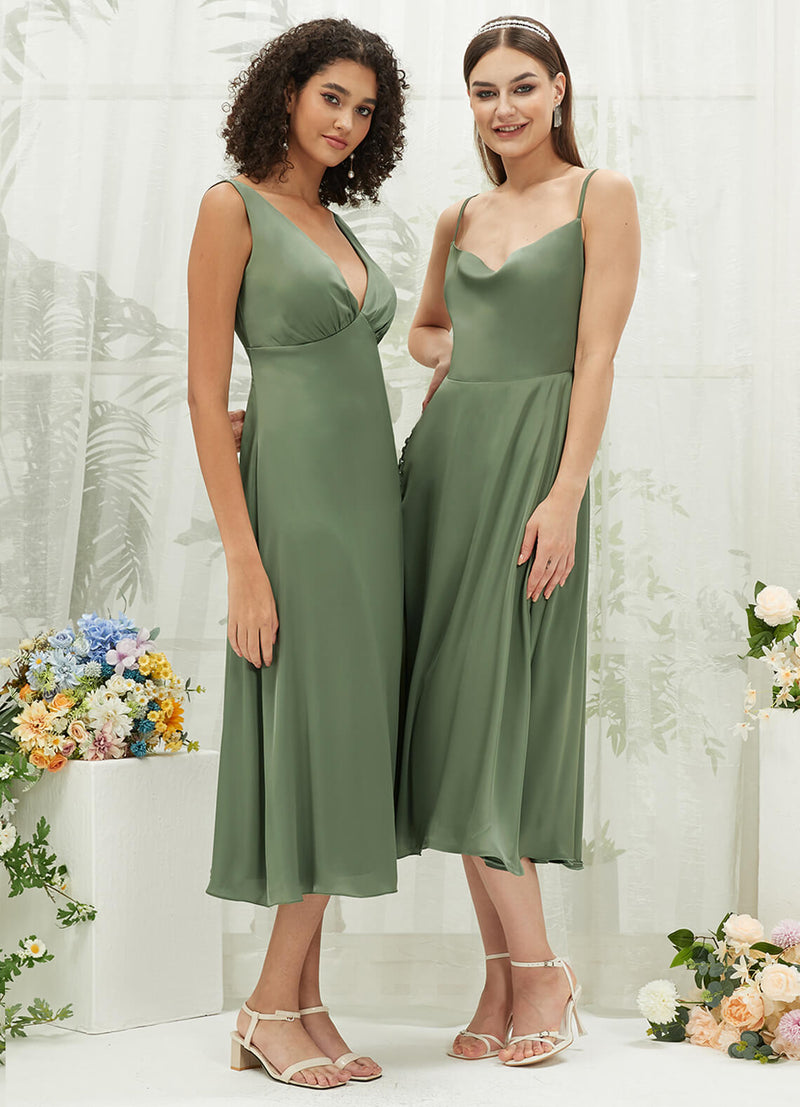 Olive Satin V Neck Bridesmaid Dress Gloria & Ceci