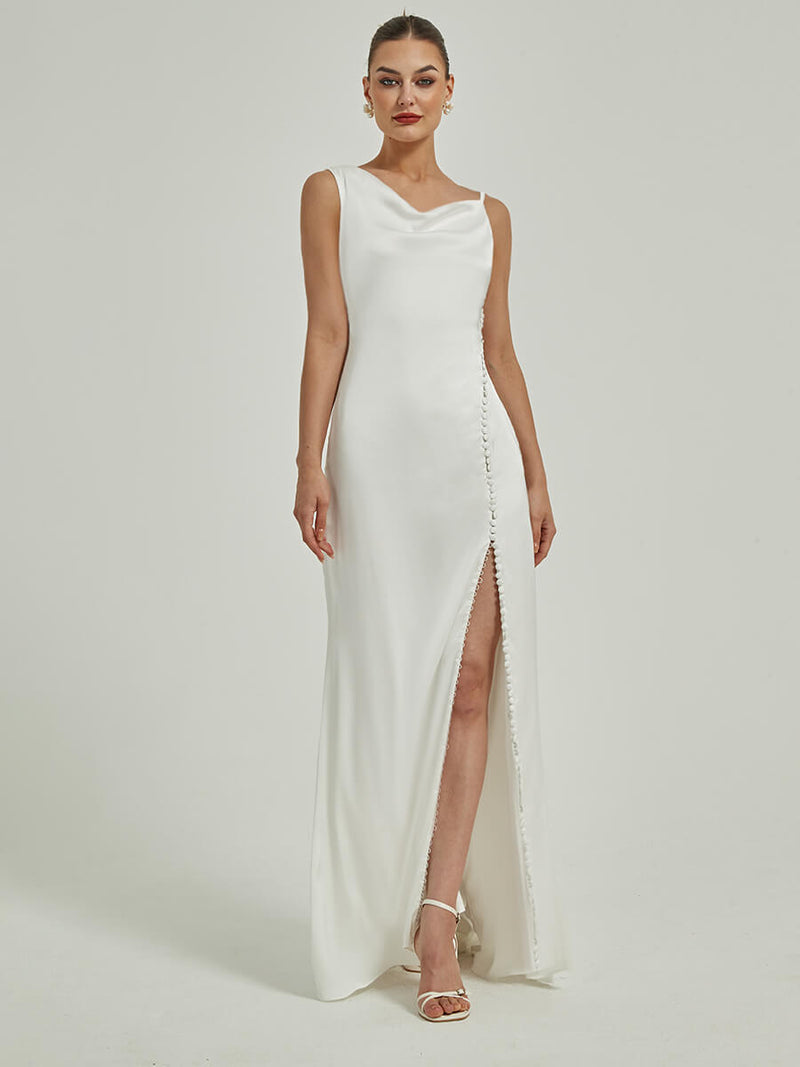 Sheath Button Leg  Slit V-Back Wedding Dress with Train Emilia