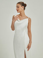 Sheath Button Leg Slit V-Back Wedding Dress with Train- EmiliaSheath