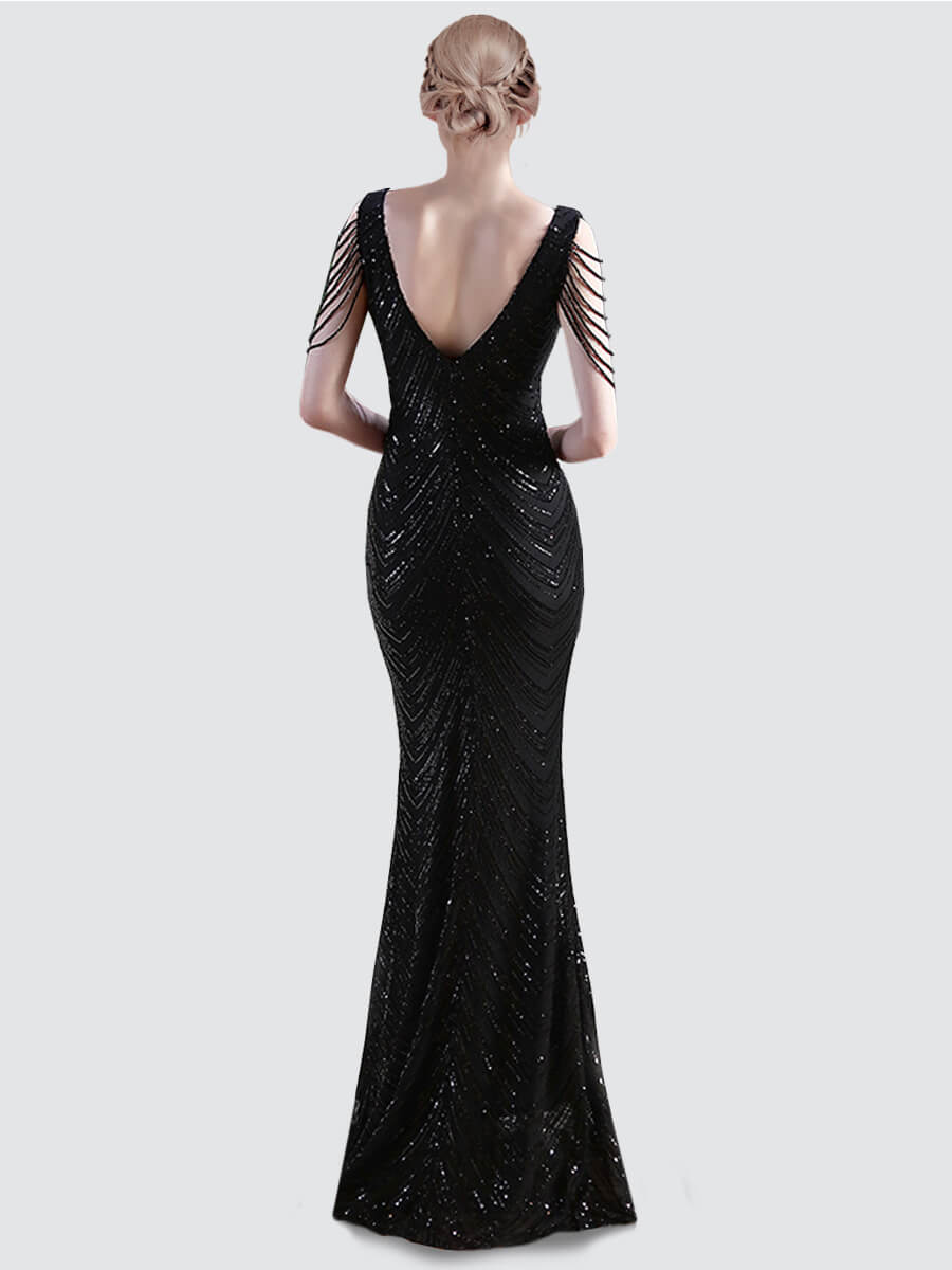 Black Tassel Sleeves Sequin Prom Dress 18691yey Camilla NZ Bridal a