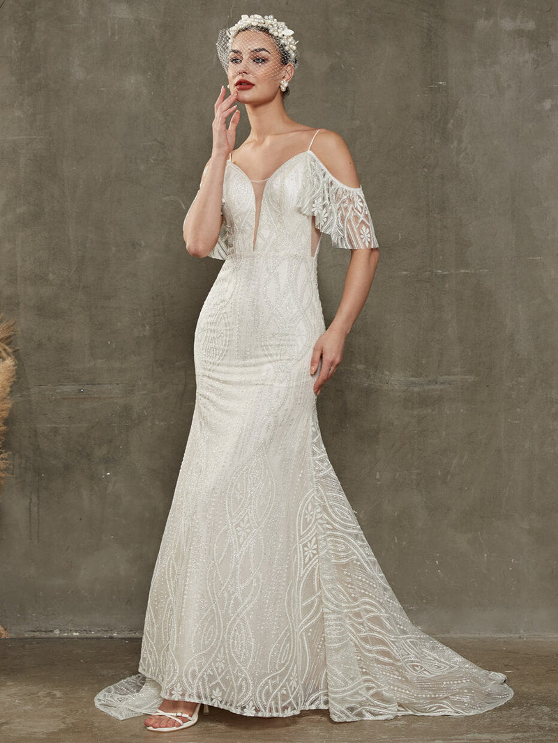 Spaghetti Straps Mermaid Sweetheart Off Shoulder Wedding Dress with Chapel Train Avery