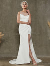Diamond White Crepe Pleated High Slit Mermaid Wedding Dress with Chapel Train Adalee