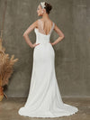 Diamond White Crepe Pleated High Slit Mermaid Wedding Dress with Chapel Train-Adalee