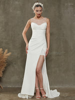 White Crepe Pleated High Slit Mermaid Wedding Dress with Chapel Train-Adalee