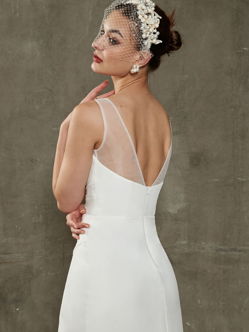Diamond White Crepe Pleated High Slit Mermaid Wedding Dress with Train-Athena