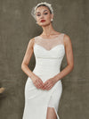 Diamond White Crepe Pleated High Slit Mermaid Wedding Dress with Chapel Train