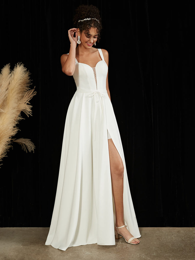 Crepe Sheer V-Neck A-Line Slit Floor Length Wedding Dress