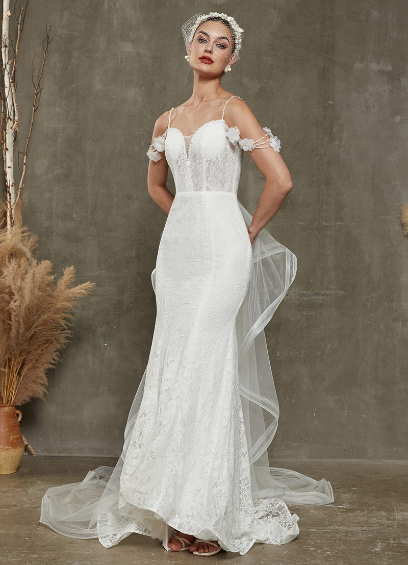 NZ Bridal Diamond White Mermaid Sweetheart Off Shoulder Wedding Dress with Detachable Train Lolly