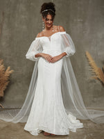 Bohemian Diamond White Lace Mermaid Off Shoulder Lantern Sleeve Bohemian Wedding Dress Leonie