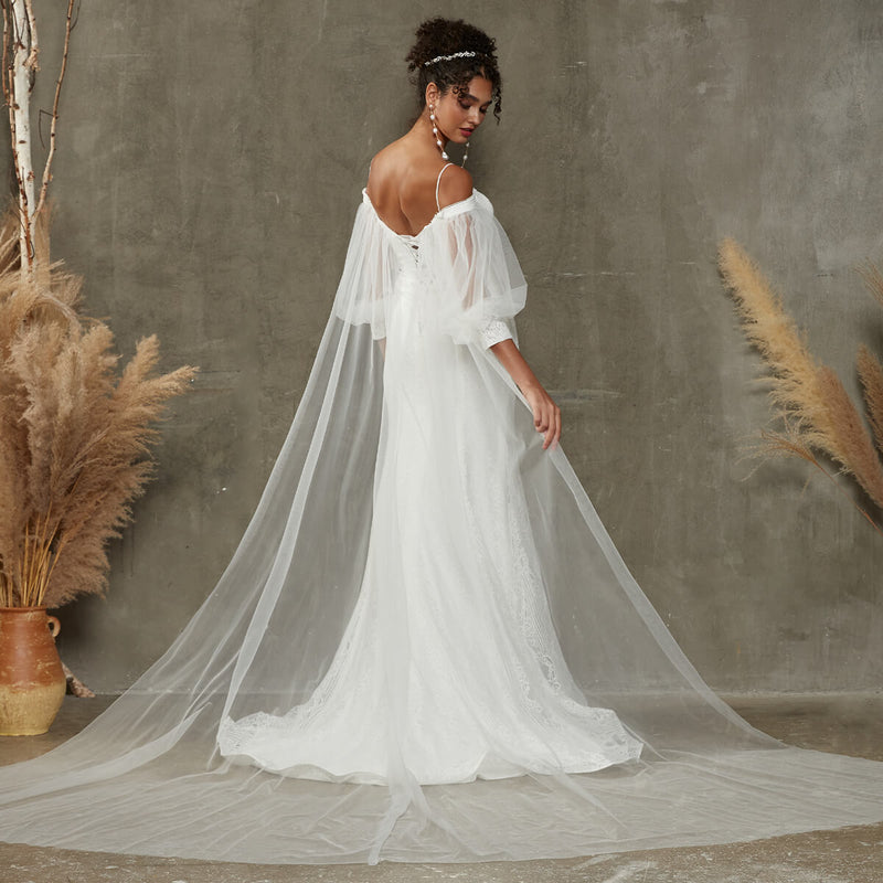 Bohemian Diamond White Lace Mermaid Off Shoulder Lantern Sleeve Bohemian Wedding Dress-Leonie