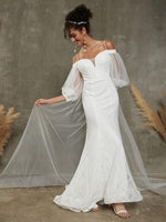 Diamond White Lace Mermaid Off Shoulder Lantern Sleeve Bohemian Wedding Dress Leonie