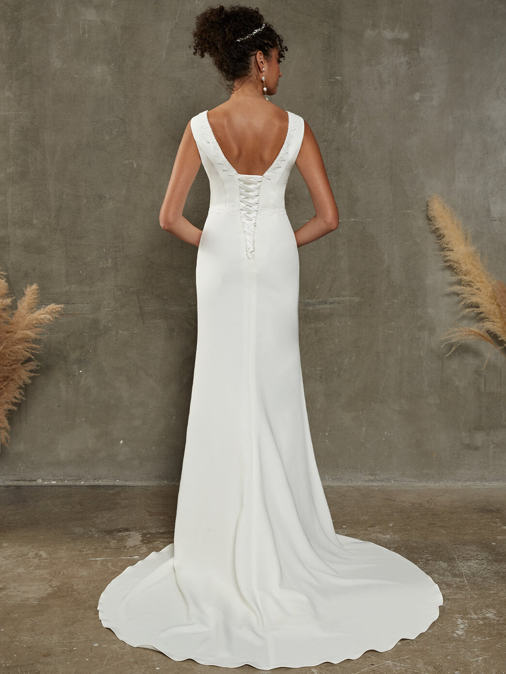 Elegant Diamond White Crepe Sleeveless Boat Sheer V Neck Ribbon Lace Up Mermaid Wedding Dress with Train Sara