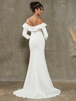 Elegant Crepe Ruffled Off-Shoulder Sleeve Mermaid Wedding Dress with Chapel Train Reese