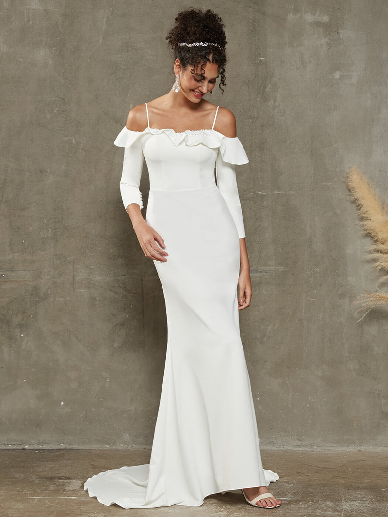 Diamond White Elegant  Crepe Ruffled Off-Shoulder Sleeve Mermaid Wedding Dress with Chapel Train Reese